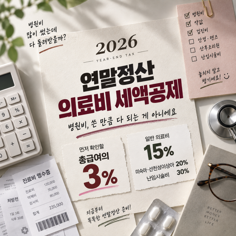 2026 연말정산 의료비 세액공제 계산방법, 총급여 3%·15% 기준 정리