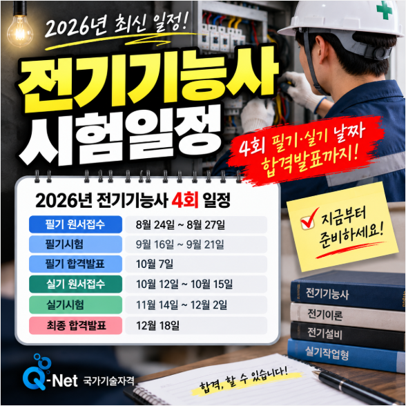 2026 전기기능사 시험일정, 4회 필기·실기 날짜와 합격발표 총정리