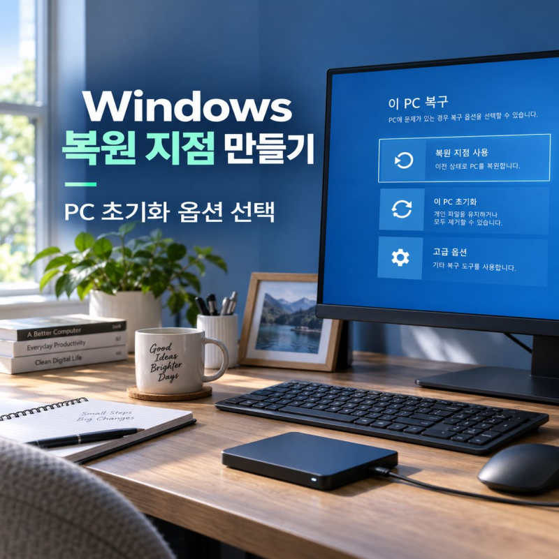 Windows 복원 지점 만들고 PC 초기화 옵션 선택하는 방법