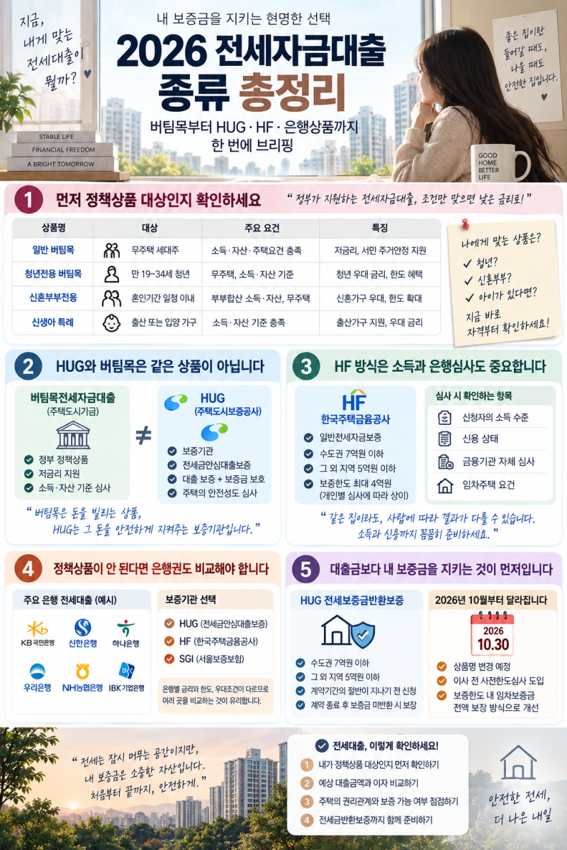 2026 전세자금대출 종류 총정리, 버팀목부터 HUG·HF·은행상품까지 한 번에 브리핑