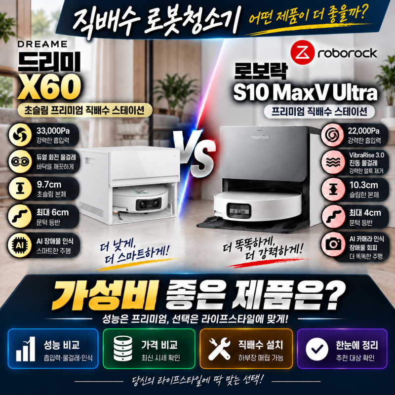 드리미 X60 Master VS 로보락 S10 MaxV Ultra｜직배수 로봇청소기 어떤 제품을 사야할까?