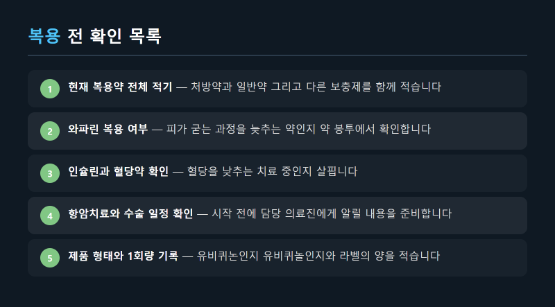 코엔자임큐텐 복용 시간과 약물 상호작용 확인 항목