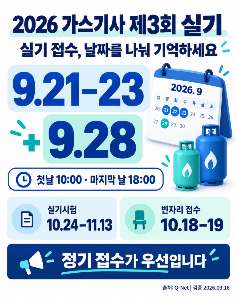2026 가스기사 3회 실기 접수는 9월 21~23일, 28일, 서류 마감과 복합형 시험까지