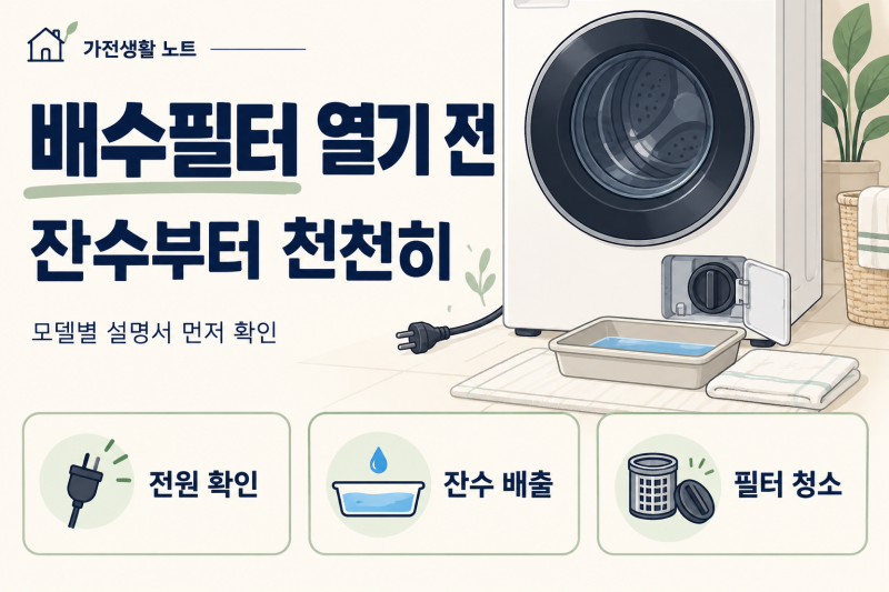 드럼세탁기 배수필터 청소, 마개를 열기 전에 잔수부터 빼세요