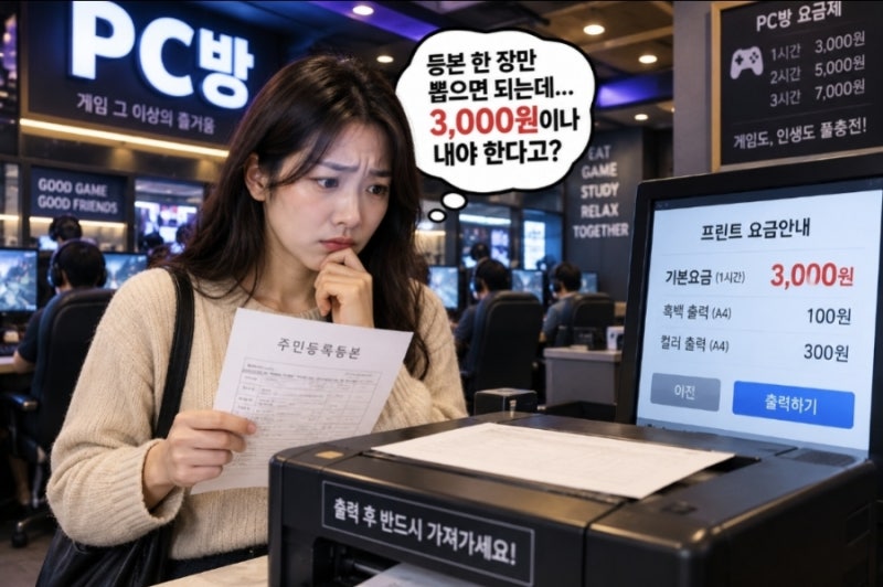 급한 등본 한 장 뽑으려다 PC방 기본요금 3천 원 털림? 장당 70원 '무인 24시 프린트샵' 생존기