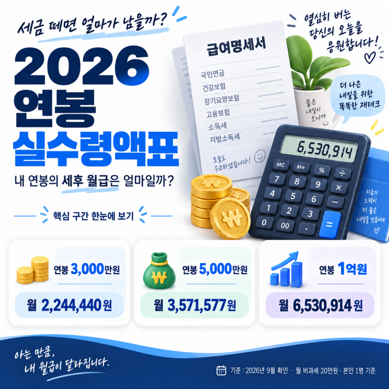 2026 연봉 실수령액표 총정리｜연봉 3천·5천·1억 세후 월급은?
