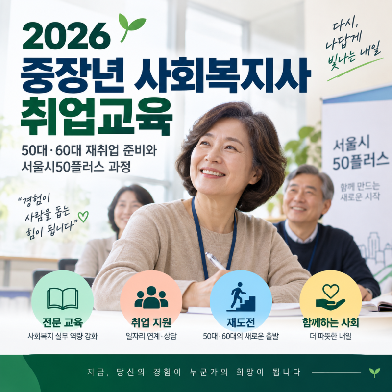 2026 중장년 사회복지사 취업교육 50대·60대 재취업 준비와 서울시50플러스 과정