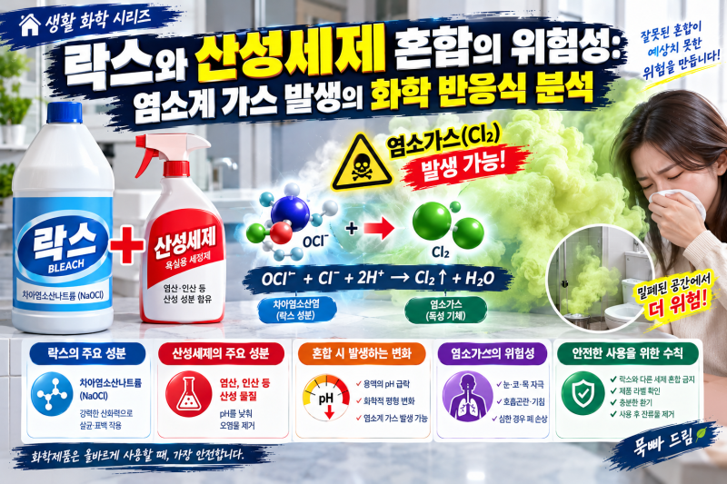 [생활 화학] 락스와 산성세제 혼합의 위험성: 염소계 가스 발생의 화학 반응식 분석