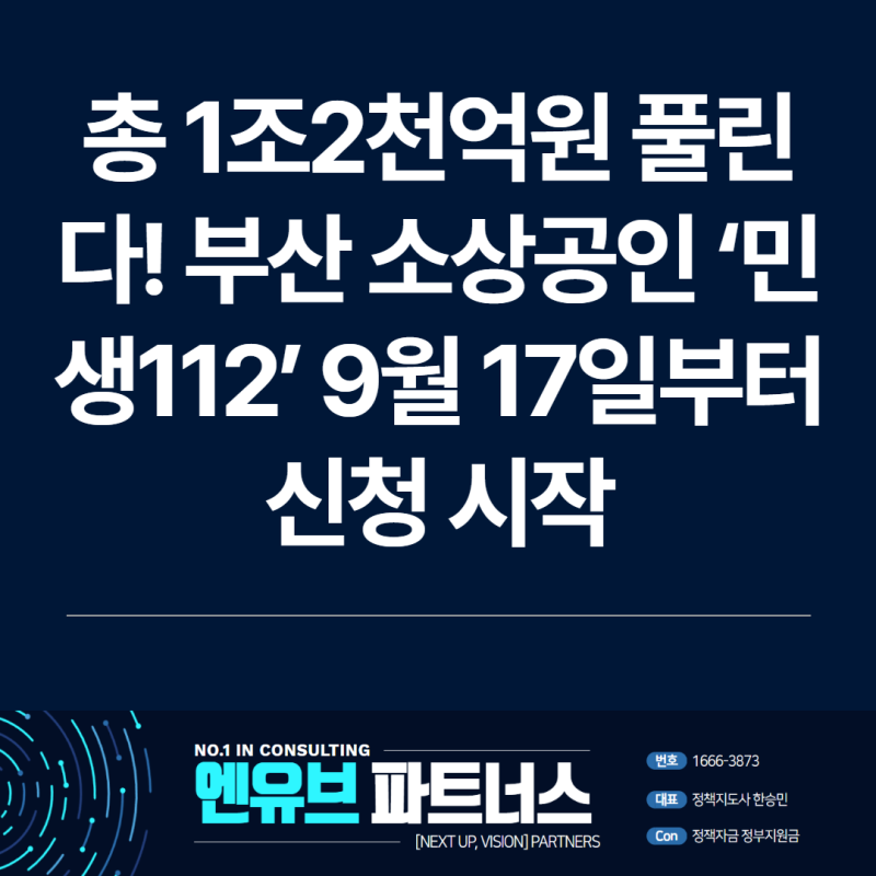 총 1조2천억원 풀린다! 부산 소상공인 ‘민생112’ 9월 17일부터 신청 시작