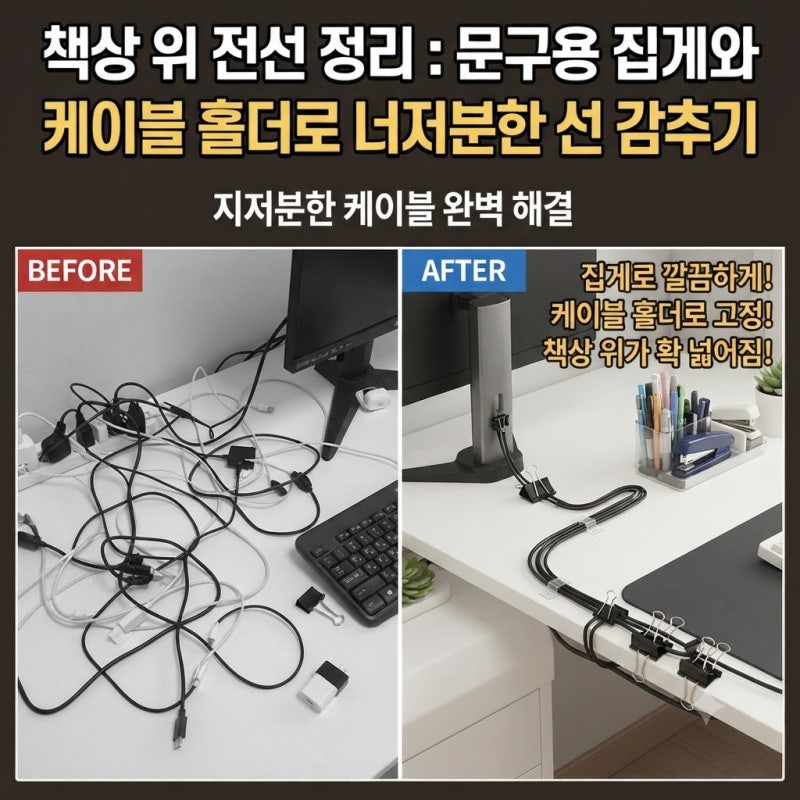 책상 위 전선 정리, 문구용 집게와 케이블 홀더로 너저분한 선 감추기