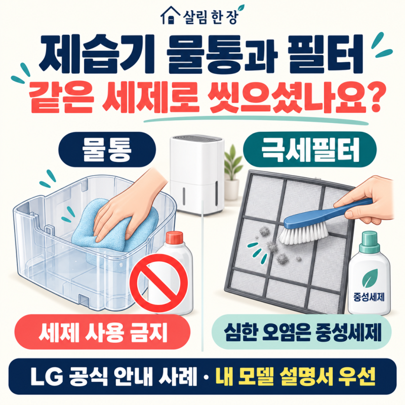 제습기 보관 전 청소, 물통과 필터에 같은 세제 쓰셨나요?