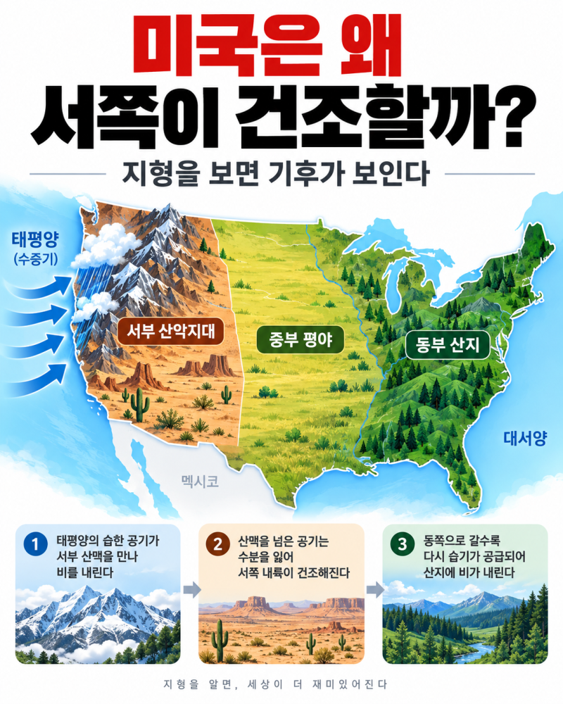 미국은 왜 서부는 사막이고 동부는 숲일까? 지형·기후 한 번에 이해하기