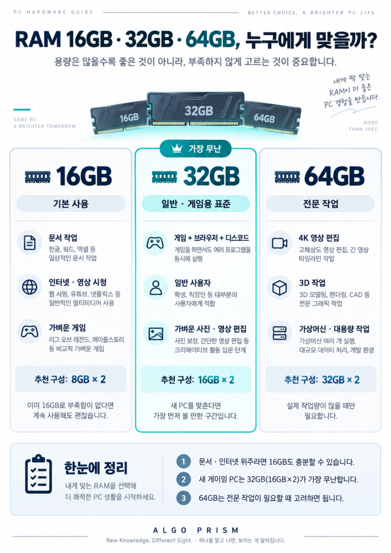 RAM 16GB·32GB·64GB, 몇 GB가 적당할까?｜8×2·16×2·32×2, 2장 vs 4장 차이