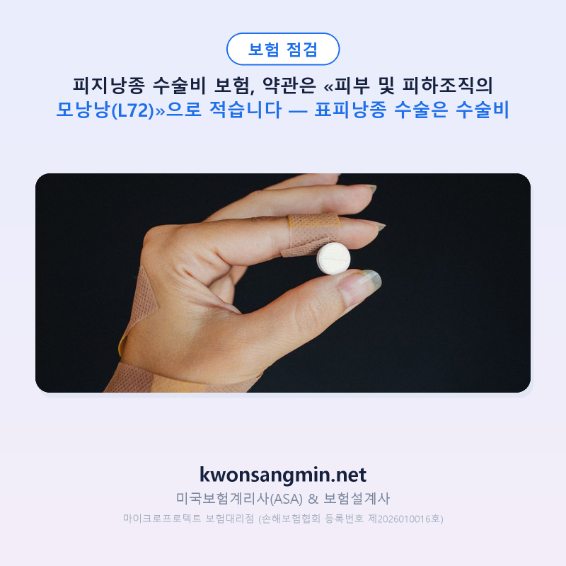 피지낭종 수술비 보험, 약관은 «피부 및 피하조직의 모낭낭(L72)»으로 적습니다 — 표피낭종 ....