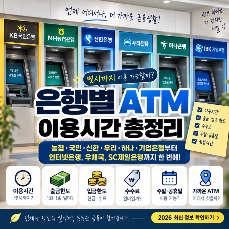 은행별 ATM 이용시간 총정리 2026｜농협·국민·신한·우리·하나 ATM 몇시까지?