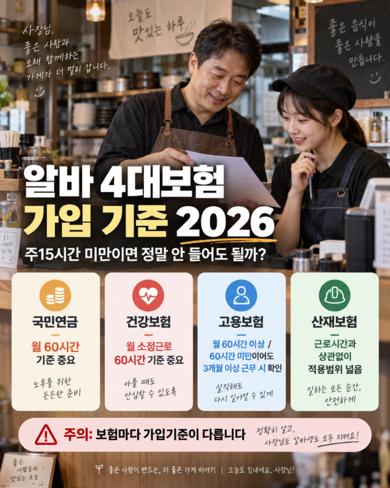 알바 4대보험 가입 기준 2026｜주15시간 미만이면 정말 안 들어도 될까?