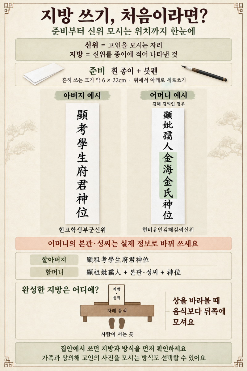 추석 지방 쓰는 법｜종이 준비부터 신위 놓는 위치까지 처음 하는 사람용