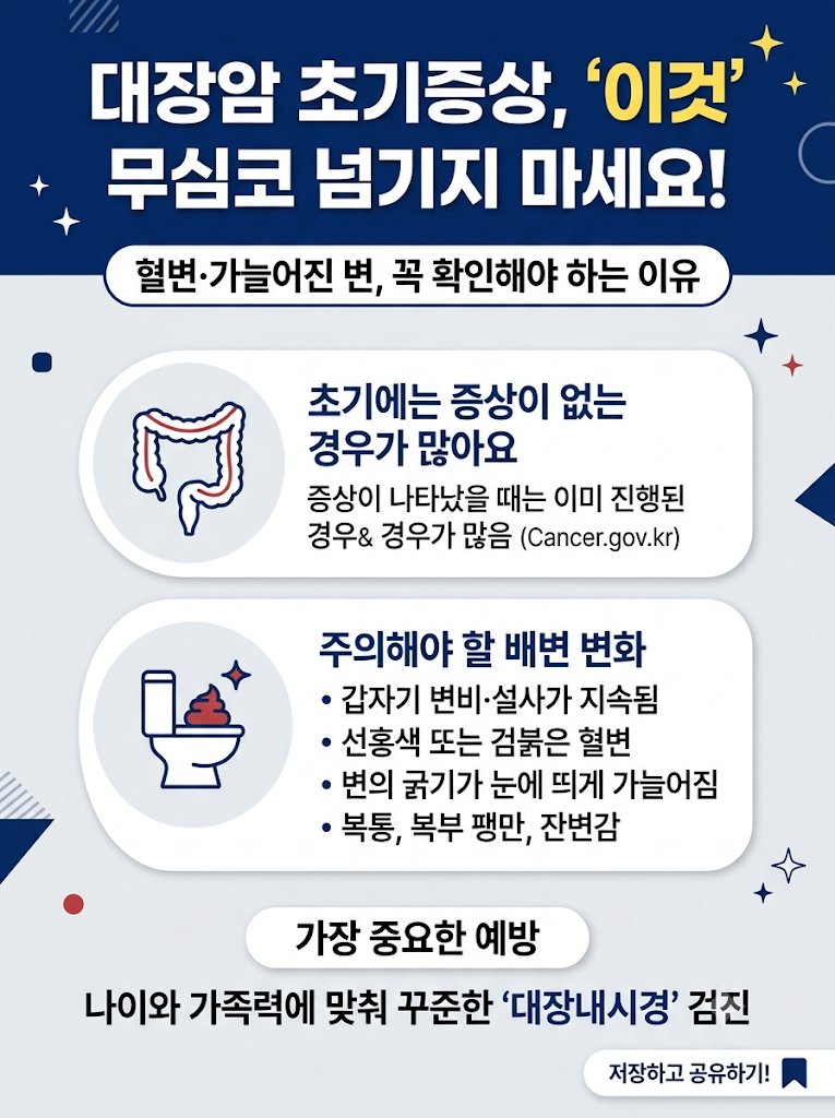 대장암 초기증상 9가지｜혈변·가늘어진 변 그냥 넘기면 안 되는 이유