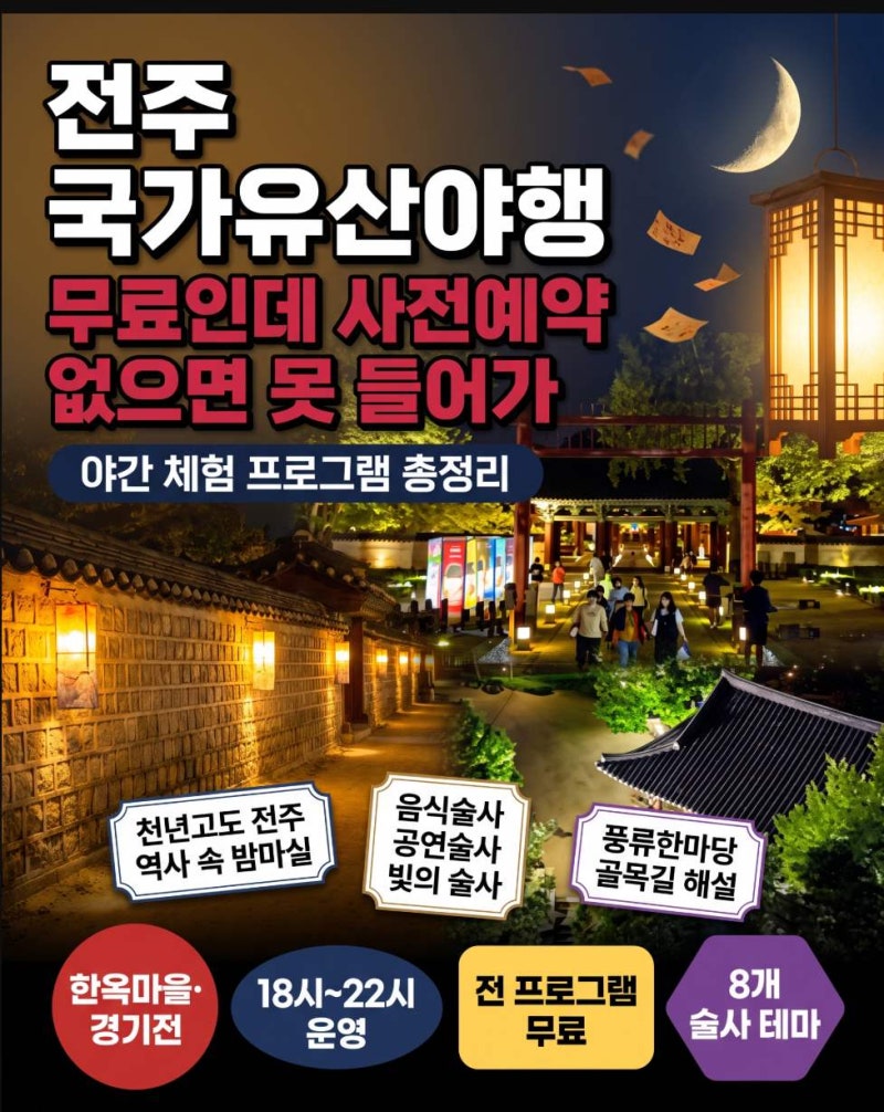 2026년 10월 2일~3일 전주 국가유산야행 국가유산야행한옥마을 야간 무료 사전예약 프로그램 ....