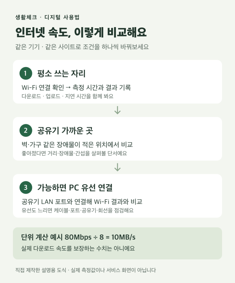 인터넷 속도 측정 방법: 와이파이·유선 비교와 Mbps 읽기