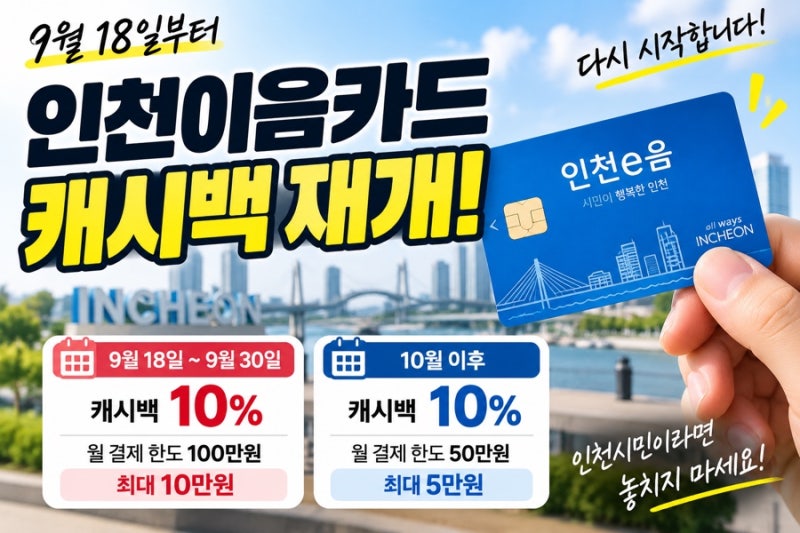 인천이음카드 캐시백 재개, 9월 10% 최대 10만원