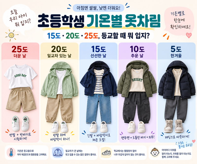 초등학생 기온별 옷차림｜15도·20도·25도, 등교할 때 뭐 입지?