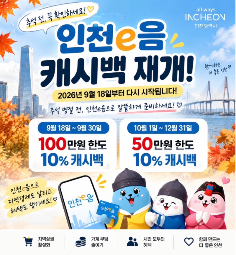 인천 이음카드 캐시백 10% 재개! 9월 18일부터 100만원 한도 총정리