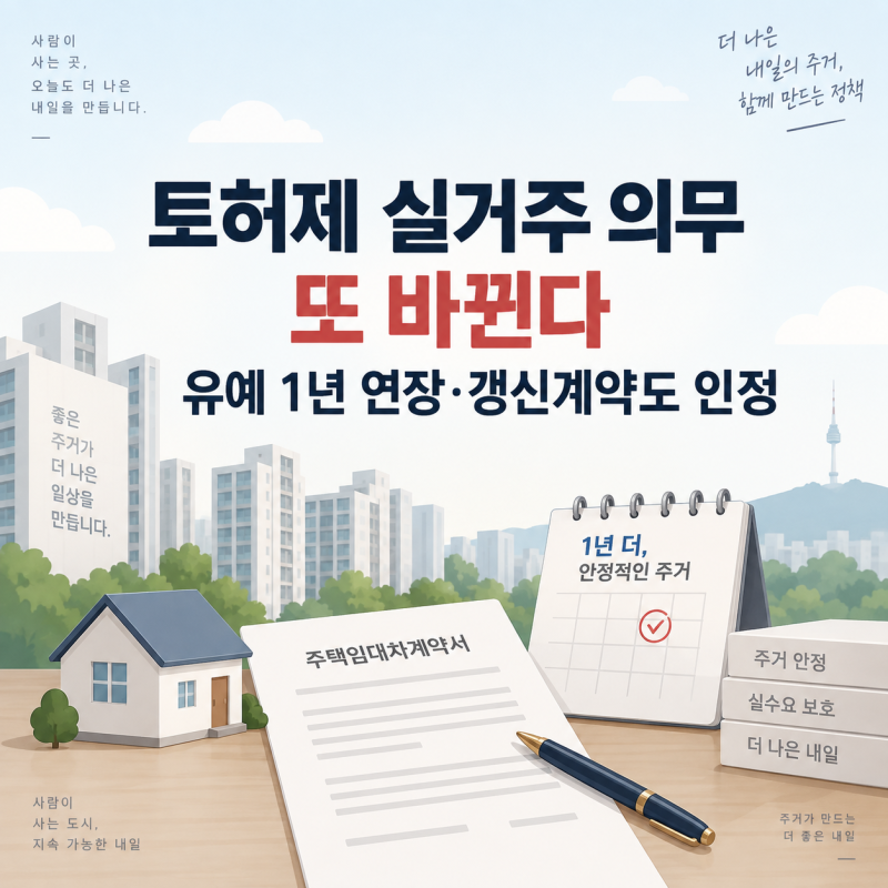 토허제 실거주 의무 또 완화…유예기간 1년 연장·갱신계약도 인정
