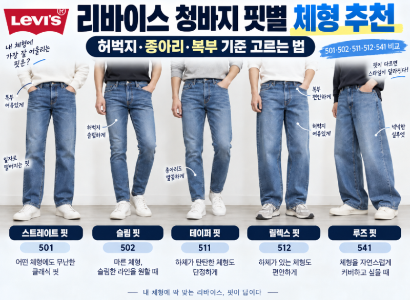 리바이스 청바지 핏별 체형 추천｜허벅지·종아리·복부 기준 고르는 법