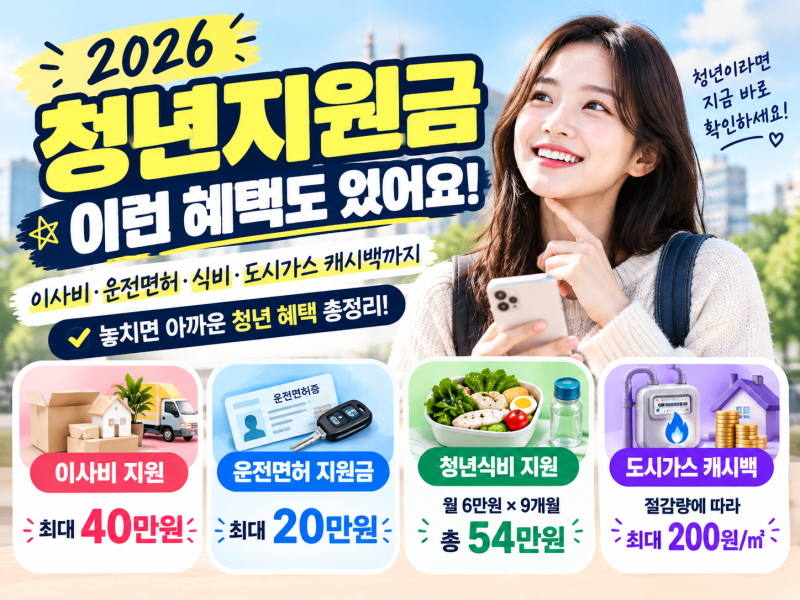 2026 청년지원금｜이사비 최대 40만원·운전면허 20만원·식비 54만원? 놓치면 아까운 청년 혜택....