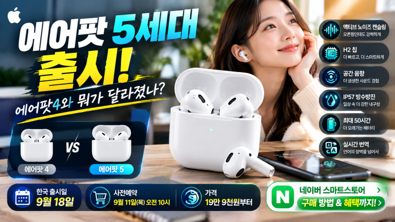 에어팟 5세대 출시! 에어팟4와 뭐가 달라졌나? 한국 출시일·사전예약·네이버 애플 공식 스마....