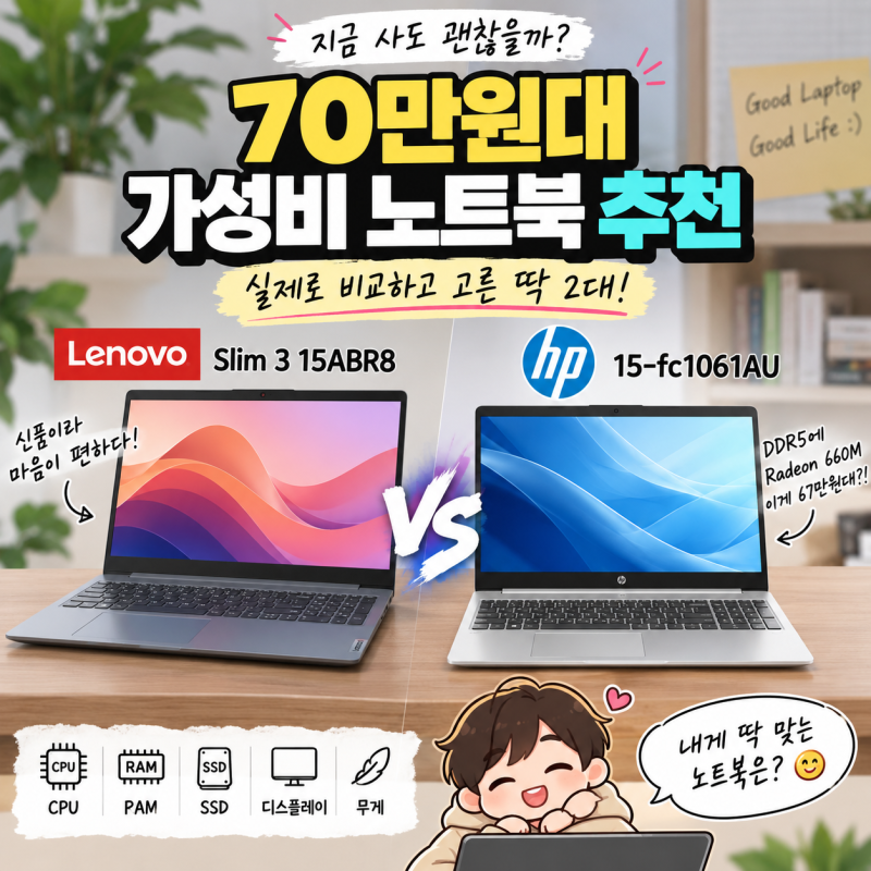 70만원대 가성비 노트북 추천｜레노버 Slim 3 15ABR8 vs HP 15-fc1061AU