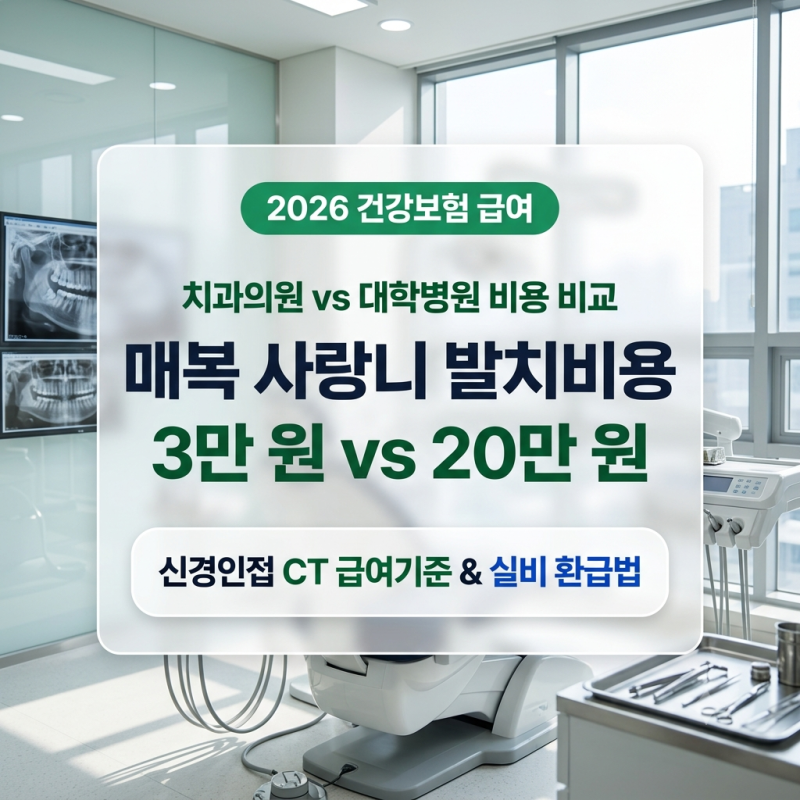 [2026] 사랑니 발치 비용 치과의원 vs 대학병원 차이: 매복 사랑니 CT 급여 기준과 실비 청구 총....
