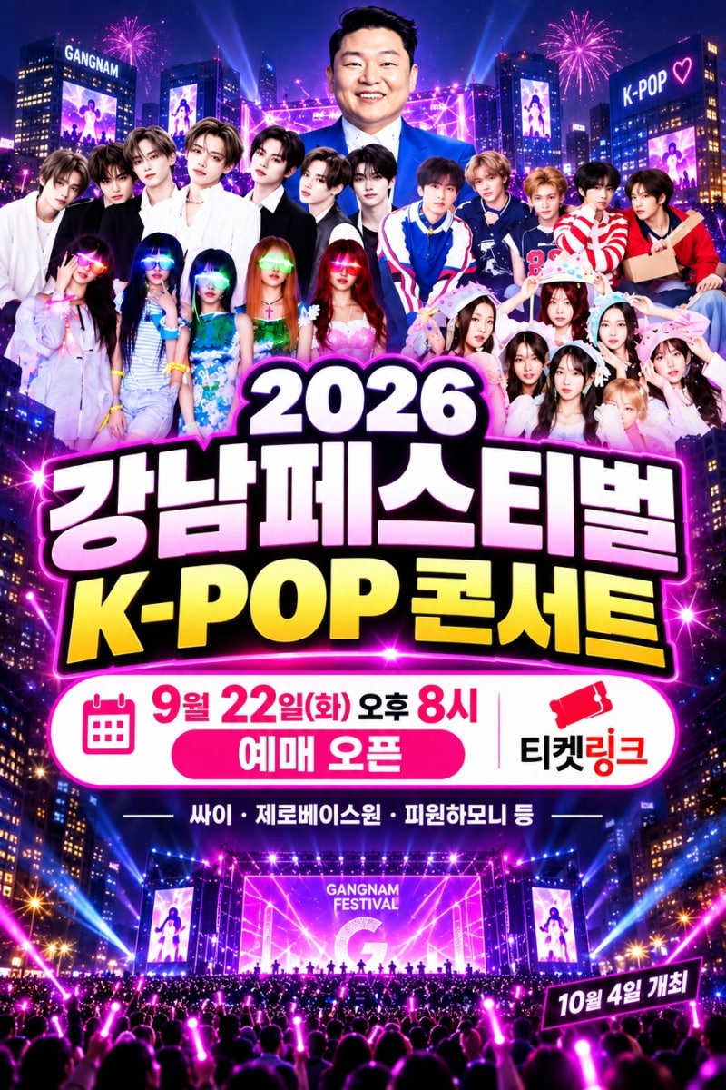2026 강남페스티벌 K-POP 콘서트｜싸이·제로베이스원 등 라인업, 9월 22일 티켓링크 예매