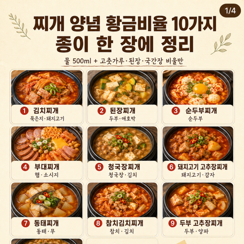 찌개 양념 황금비율 10가지, 종이 한 장에 정리