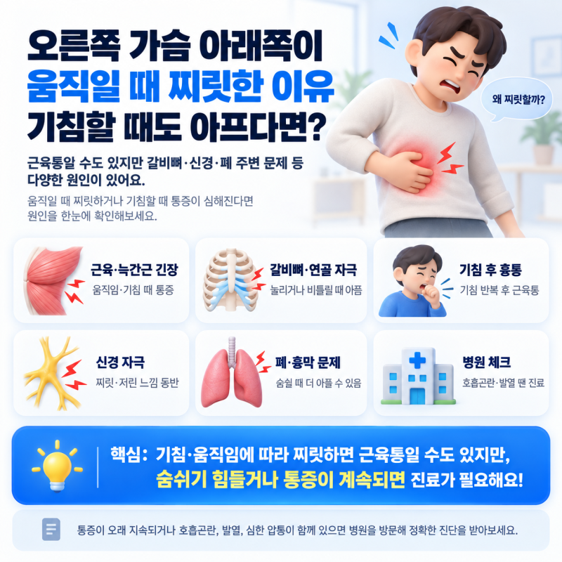 오른쪽 가슴 아래쪽이 움직일 때 찌릿한 이유, 기침할 때도 아프다면?
