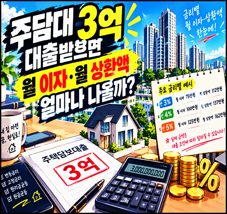 주담대 3억 대출받으면 월 이자·월 상환액 얼마나 나올까