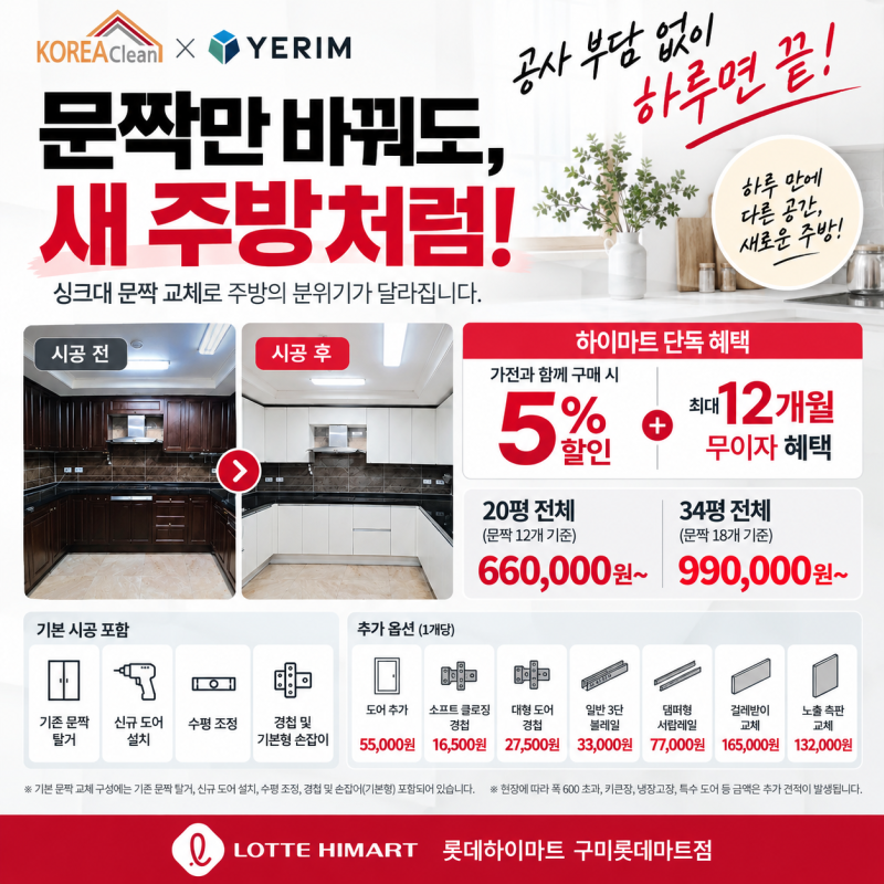 싱크대 문짝 교체 비용 정리｜20평 66만원·34평 99만원부터