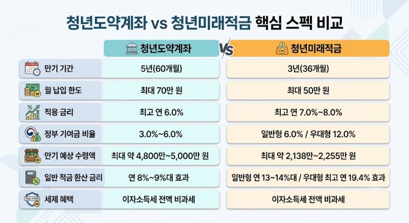 청년미래적금 vs 청년도약계좌 완벽 비교: 만기·수익률·중도해지 조건 총정리
