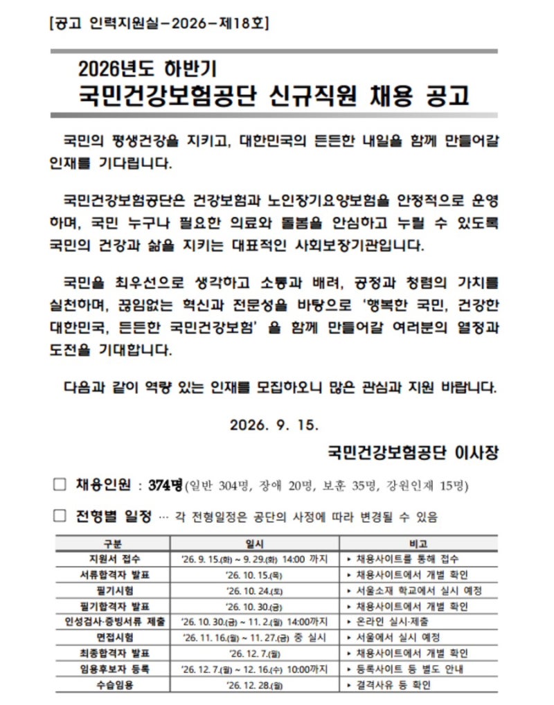 2026년 하반기 국민건강보험공단(건보) 채용 자기소서개서·면접 준비 필독｜행정직 건강직 ....