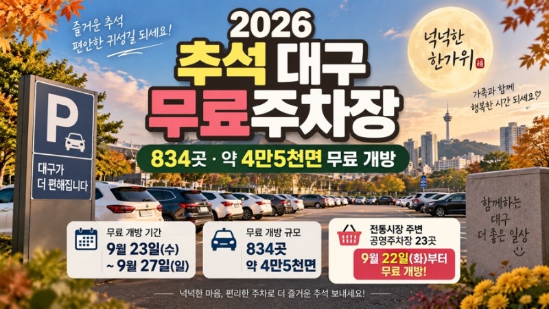 2026 추석 대구 무료주차장 834곳·4만5천면 무료 개방