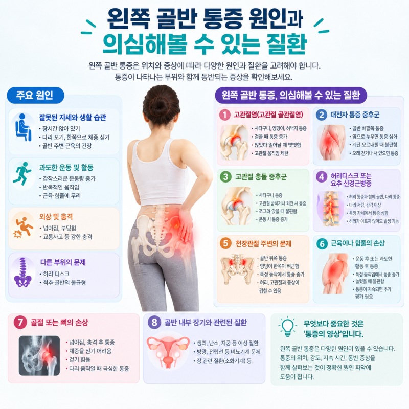 왼쪽 골반 통증, 위치에 따라 달라지는 통증 원인과 의심해볼 수 있는 질환