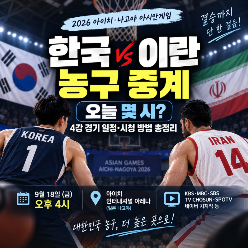 한국 이란 농구 오늘 몇 시? 2026 아시안게임 4강 경기 일정 및 생중계 채널 총정리