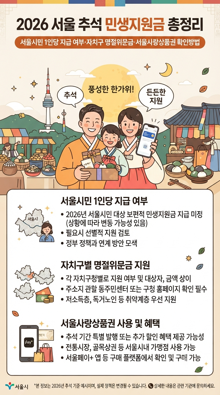 서울 추석 민생지원금 2026 총정리｜서울시민 1인당 지급 여부·자치구 명절위문금·서울사랑....
