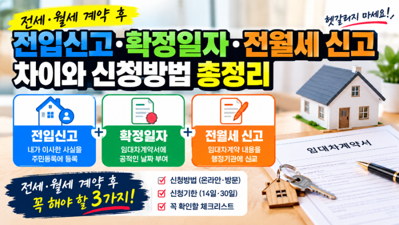 「전입신고·확정일자·전월세 신고 차이 총정리｜전세·월세 계약 후 꼭 해야 할 3가지」