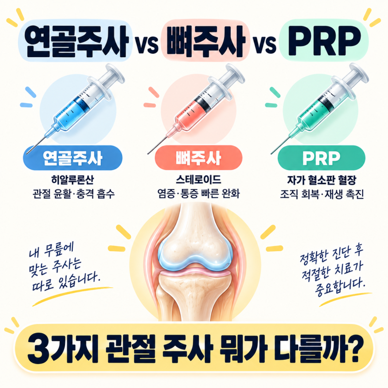 관절 주사 종류 판단 기준 5단계, 히알루론산·스테로이드·PRP 감별 (효과·부작용·급여·재발....
