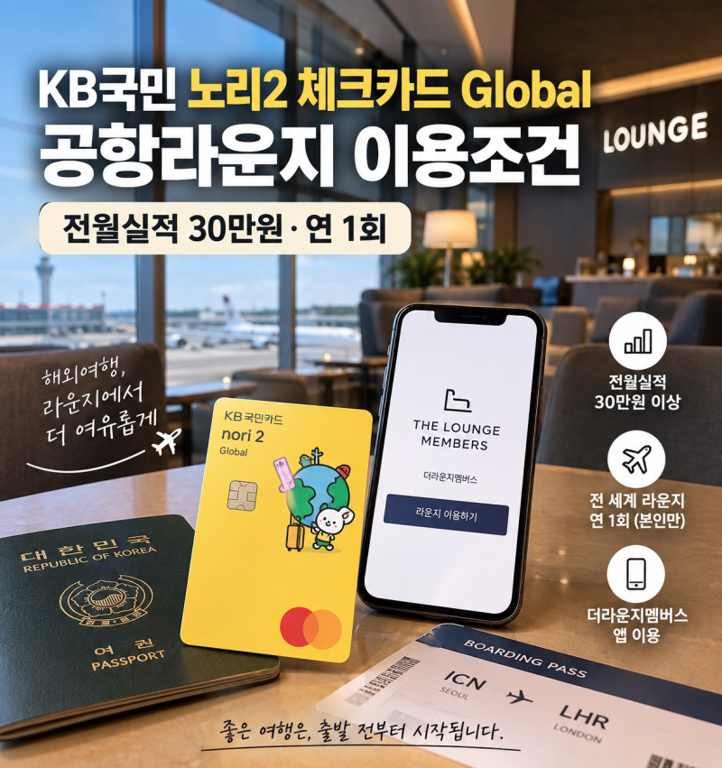 KB국민 노리2 체크카드 Global 공항라운지 이용조건｜전월실적 30만원·연 1회