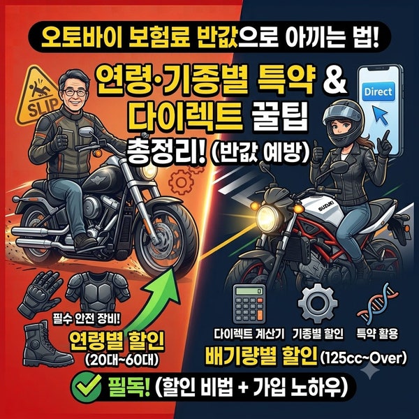 오토바이 보험료 반값으로 아끼는 법: 연령별·배기량 기종별 특약 활용 & 다이렉트 가입 꿀....