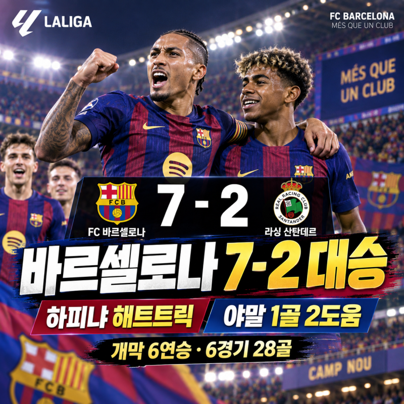 바르셀로나 라싱 7-2 대승｜하피냐 해트트릭·야말 1골 2도움, 개막 6연승