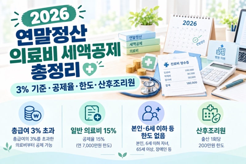 2026 연말정산 의료비 세액공제 총정리｜3% 기준·공제율·한도·산후조리원